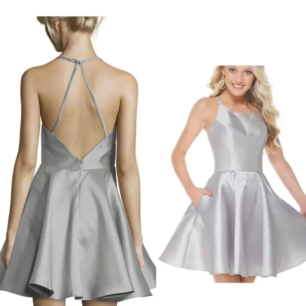 NEW Alyce Paris silver 3703 A line satin mini cocktail prom homecoming dress 4